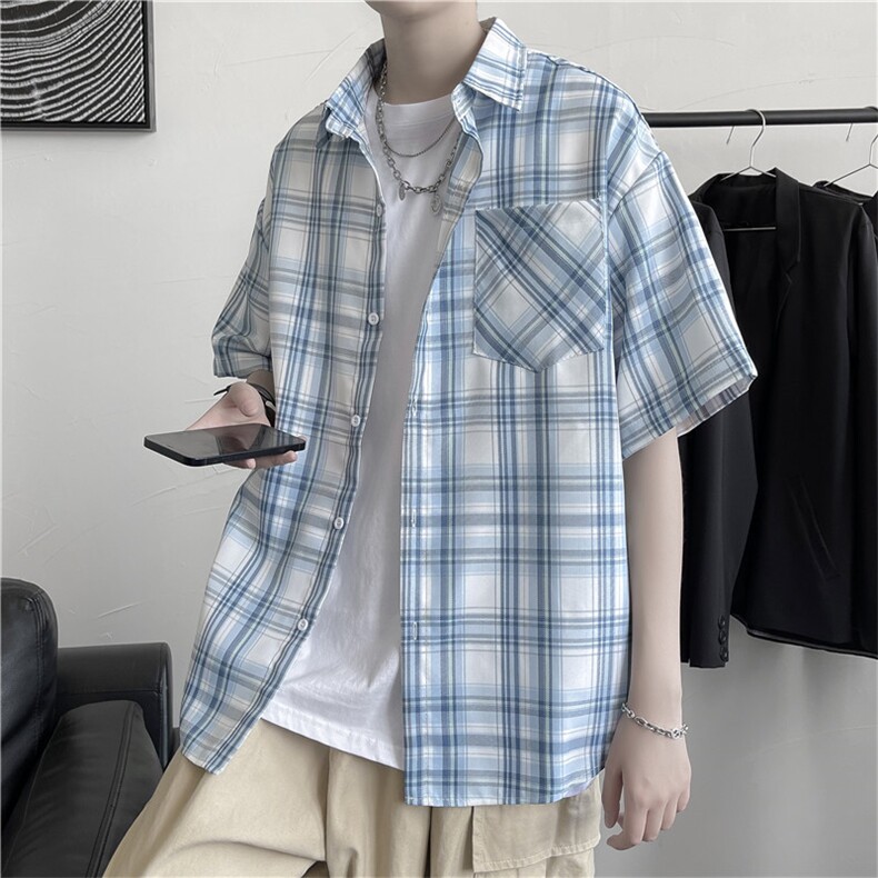 新款盐系格子衬衫男短袖潮ins痞日系衬衣夏季宽松半袖W801-P28,男装衬衫,星座512-2