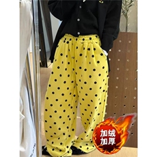 美式黄色波点刺绣加绒卫裤女冬季爵士阔腿裤运动休闲长裤子，男装休闲裤，星座1210-1