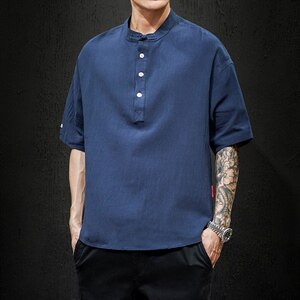 2021夏季新马切达日系大码男风棉麻亚麻短袖T恤T188-P30图片