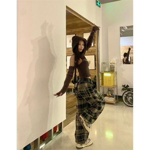 撞色格子裤男女秋冬复古慵懒拖地直简裤高腰垂感阔腿裤子ZK16 P35图片