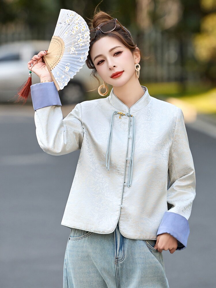 流苏盘扣新中式国风外套女2025春秋新款提花撞色拼接短款唐装上衣,女装短外套,依如秀(原杭风阁)
