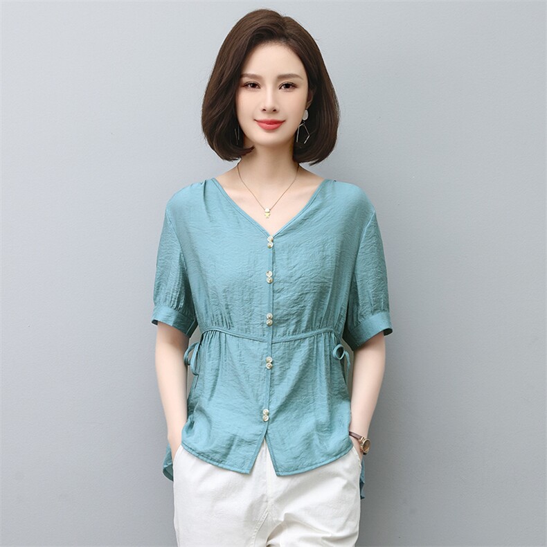 【今日自留】2025年新款夏季V领宽松显瘦系带小衫2575=ZJ不退不换,女装衬衫,涵誉