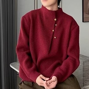 韩版侧纽扣半高领毛衣男冬季休闲宽松百搭针织衫MZ825-P49图片