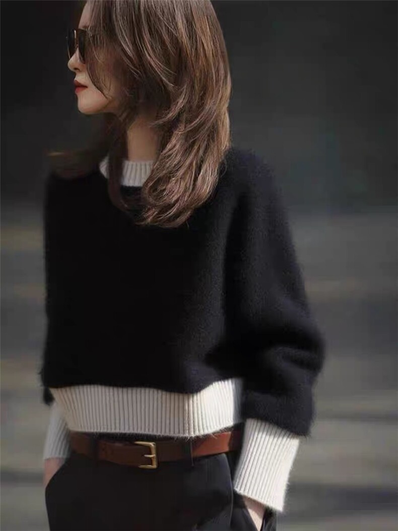 2025年秋季时尚百搭通勤简约休闲圆领宽松短款套衫，女装针织衫/毛衣，思途羊绒