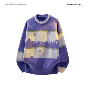 M8161/P65冬季美式时尚撞色条纹圆领?袖毛衣宽松休闲男女bf图片