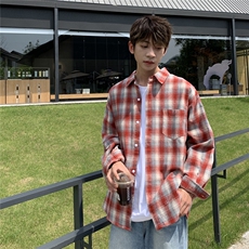 B413-1-DX883新款美式格子长袖衬衫男女休闲复古潮流宽松百搭衬衣，男装衬衫，电商B413-1
