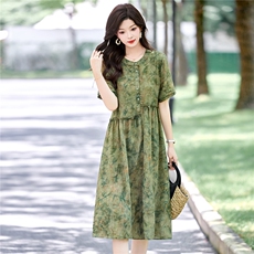 时尚休闲印花连衣裙女2025夏季新款宽松圆领木耳花边减龄碎花裙子，女装连衣裙，木橙西子