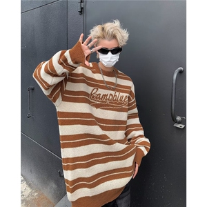 美式复古秋冬季字母圆领毛衣男慵懒风高级感潮牌情侣装针织衫外套图片