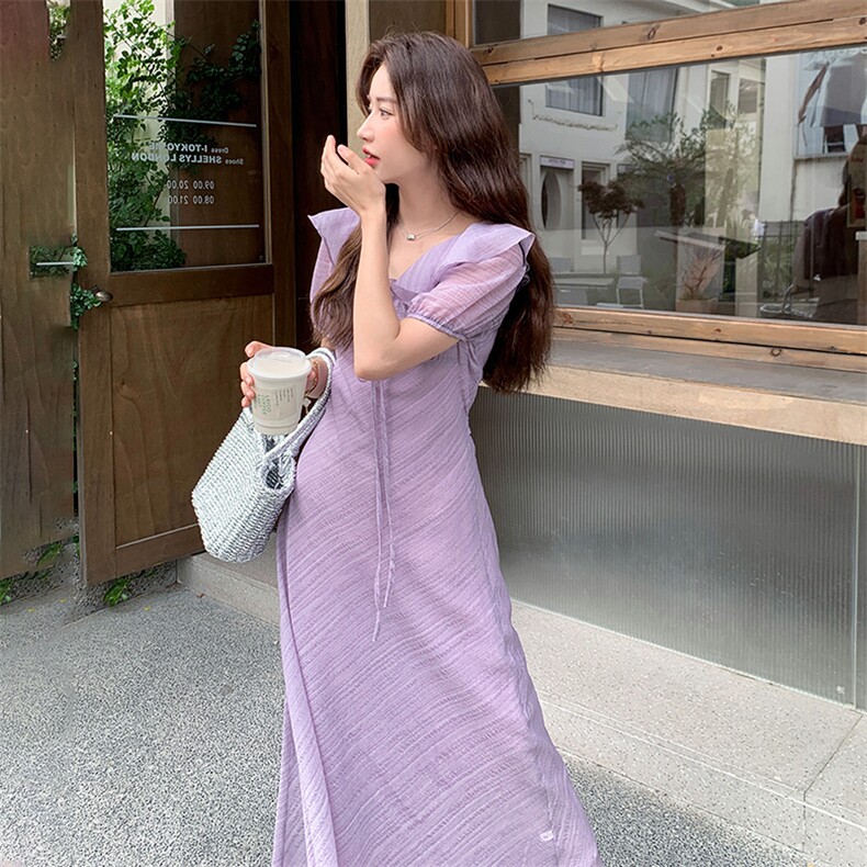 气质长款V领荷叶边温柔连衣裙女夏季2025文艺日系绝美高级感长裙,女装连衣裙,浙宝305