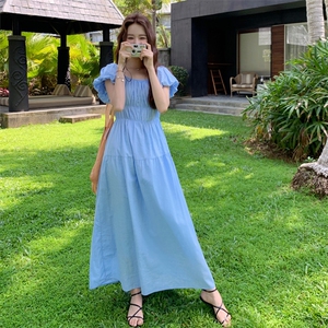 蓝色方领连衣裙女夏季2025新款法式气质收腰显瘦小个子a字长裙子图片
