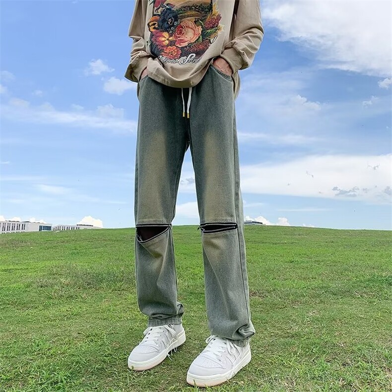 秋季美式高街复古做旧膝盖拉链牛仔裤男女炸街直筒长裤N0880-P43,男装牛仔裤,星座308B-2