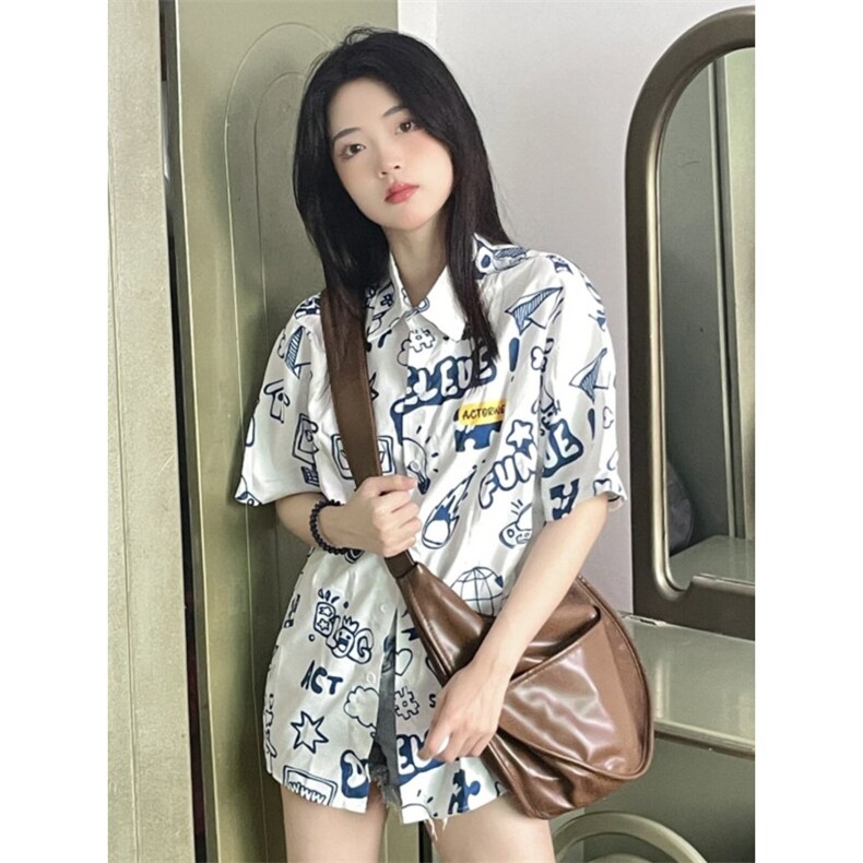 TC515-P45涂鸦短袖衬衫夏季新款甜美衬衣独特别致上衣,女装衬衫,星座617A-2