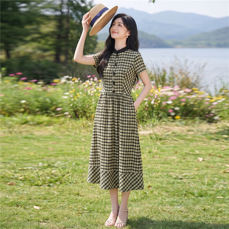 弹力面料学院风格纹连衣裙女春夏收腰显瘦中长裙格子裙子,女装连衣裙,水衣源