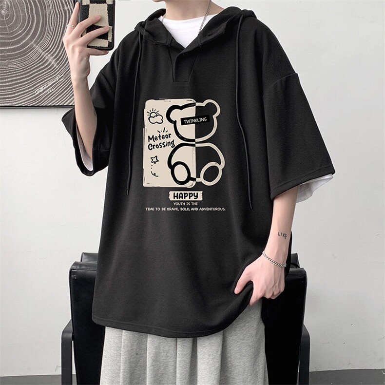 LD54352-P45NASA连帽短袖t恤男大码胖子带帽五分袖中袖,男装T恤,电商A040