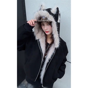 高级感甜酷座山雕猫耳朵棉服冬季新款百搭宽松连帽棉衣外套图片