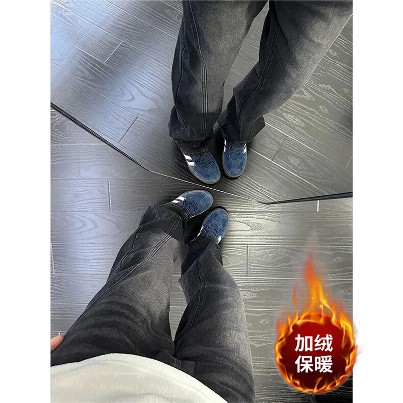 美式斜切复古牛仔裤男女高街加绒长裤显瘦微喇直筒裤H439-1P47,男装牛仔裤,星座1112-1