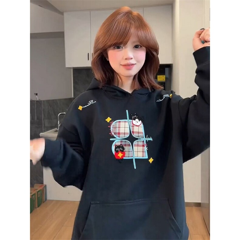 5496-P57原版做工压线+格子毛巾绣休闲卫衣薄款/加绒,女装卫衣/绒衫,星座617A-2