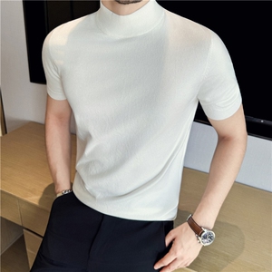 高品质打底~含尼龙~纯色半高领毛衣男修身针织短袖白色M711-P35特