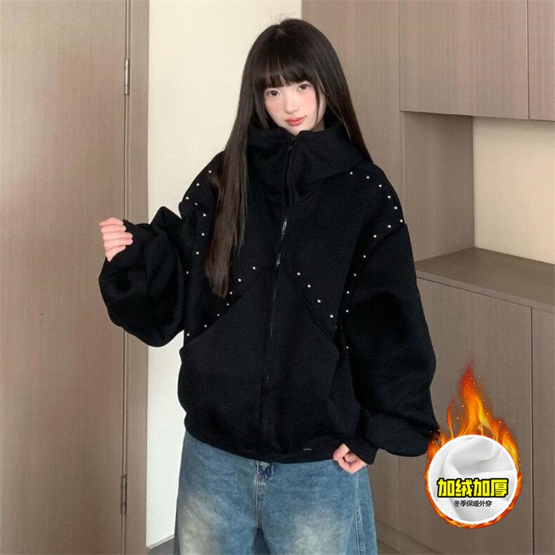 480G重磅加绒硬挺boxy男女美式高街卫衣铆钉杜宾犬耳朵开衫厚外套,女装短外套,电商A486