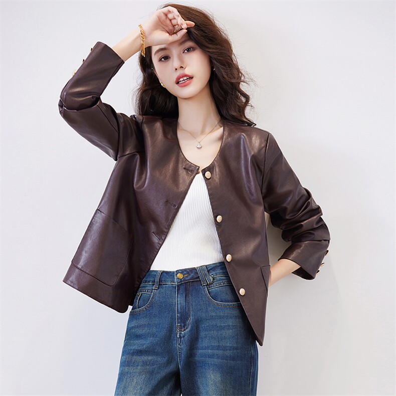 小香风皮衣外套女春秋2024新款小个子气质短款圆领机车皮夹克上衣，女装皮衣，美拉德工厂直营店