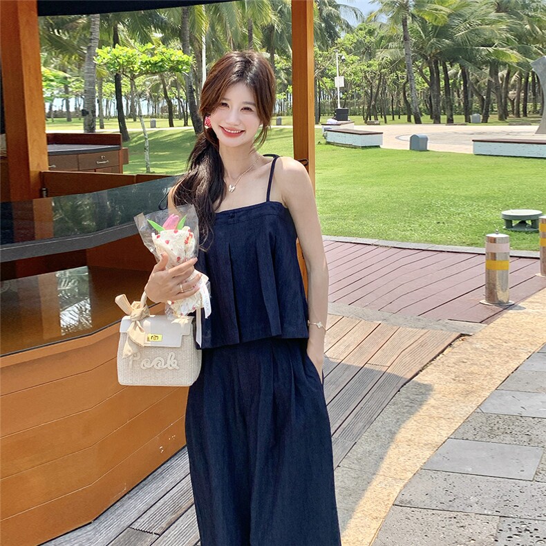 藏青色氛围感辣妹牛仔吊带背心套装女夏新款洋气薄款阔腿裤两件套,女装套装/套裙,2C271