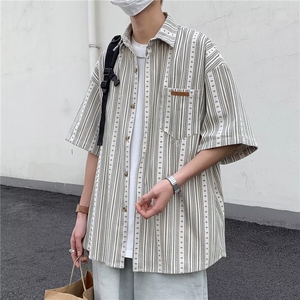 夏季新款日系复古设计感小众短袖条纹衬衫男EAC02P29