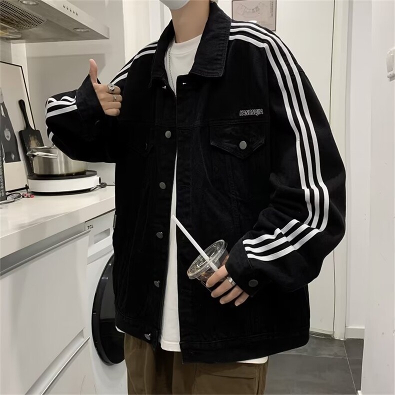 美式条纹拼接牛仔外套男宽松高街三条杠男生潮牌JM69-P8,男装夹克,星座1109-3