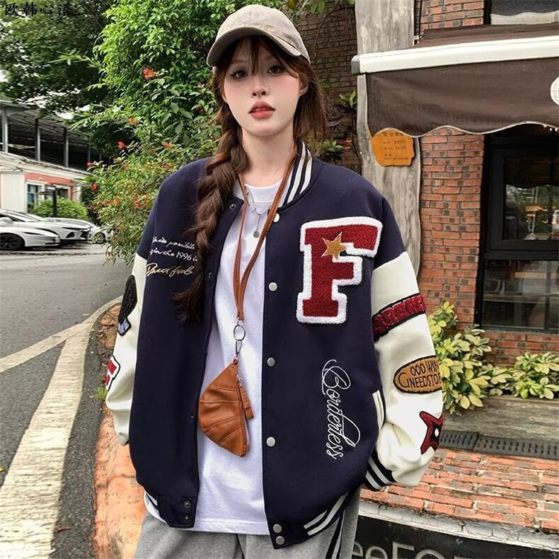 新款流行简约日系毛巾绣棒球服长袖外套原宿百搭文艺时尚潮流,女装短外套,星座1210-1