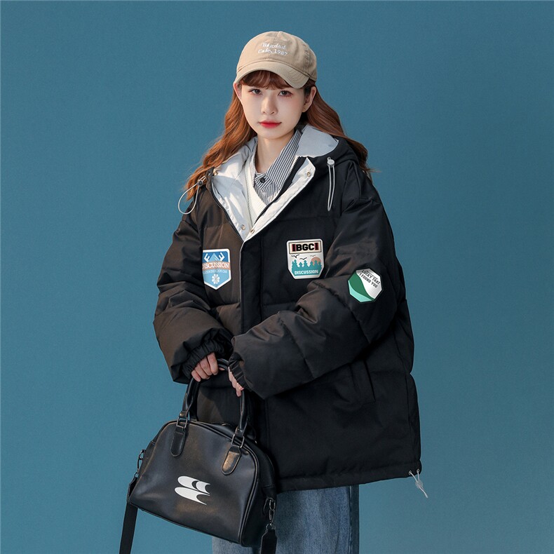 中性风22冬季设计感潮牌印花加厚连帽面包服棉衣MY153P115控148，男装棉衣，A247A