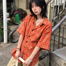 原宿简约日系日系复古格子衬衫女夏季多巴胺潮无品牌潮流ins新款，男装衬衫，星座506A