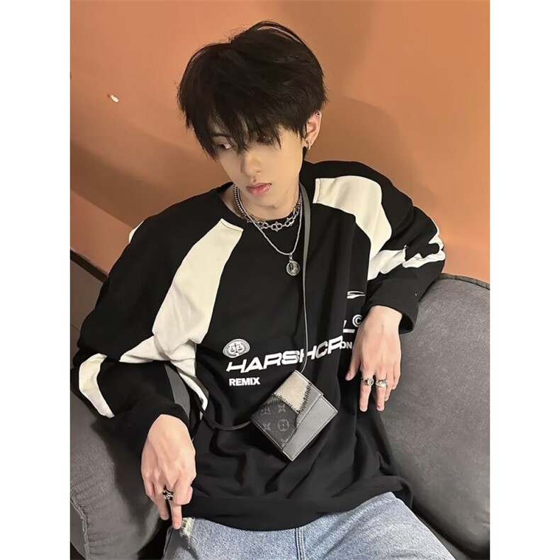 黑白拼接撞色赛车卫衣男款美式复古冰球服潮牌圆领外套WT88,男装卫衣,星座1116A（原606A-3）