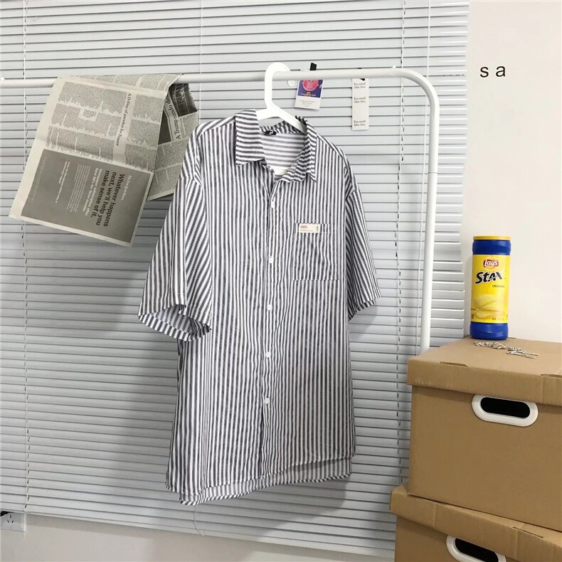 W275-P302025夏季衬衣潮流帅气休闲条纹港风宽松痞帅衬衫短袖,男装T恤,星座911-1