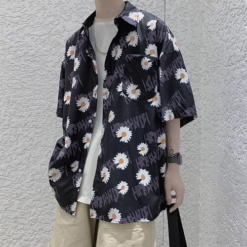 夏季潮牌雏菊短袖衬衫男慵懒痞帅韩版宽松半袖衬衣513-3-C618-P45，男装衬衫，星座512-1（原513-3）