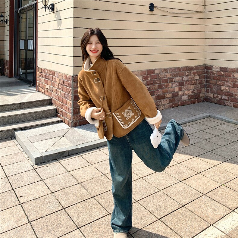 复古麂皮绒羊羔毛外套女冬季2025新款韩系皮毛一体保暖小个子棉服,女装皮草,2C126