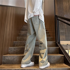 k1048-p45-控68M-5XL现货显瘦港风高阶大码黄泥宽松牛仔裤，男装牛仔裤，星座116