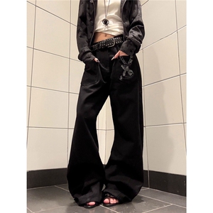 美式复古标语字母拼接牛仔裤男女辣妹宽松bf慵懒风弯刀裤潮NZ60图片
