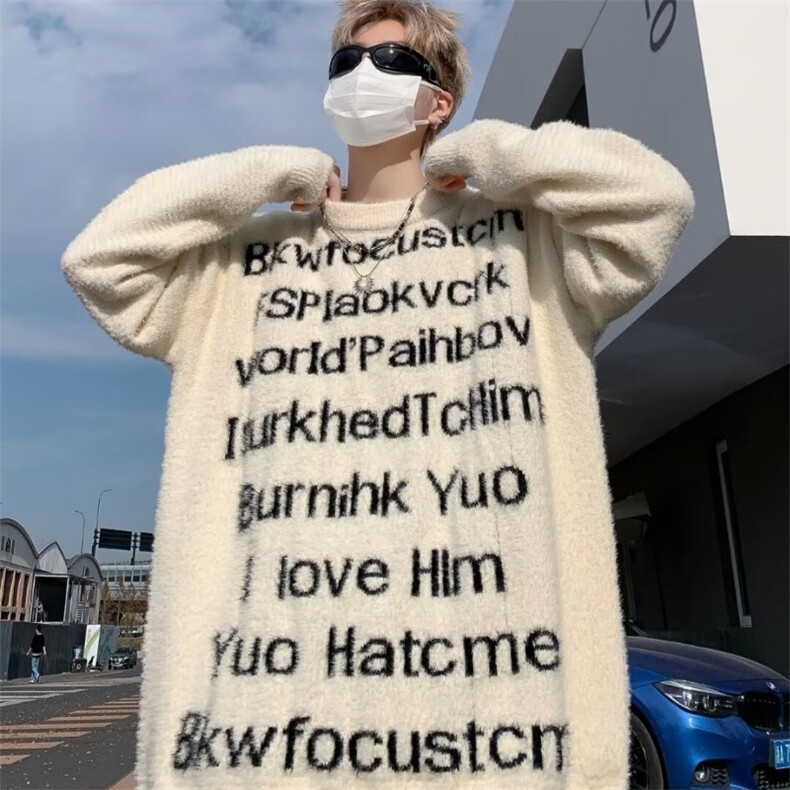 新款美式潮牌复古字母毛衣秋冬款慵懒风青少年百搭圆领针织衫图片