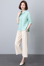 棉麻衬衫套装女2025年夏装新款时尚中年妈妈阔腿裤亚麻减龄两件套，女装套装/套裙，希欧阁