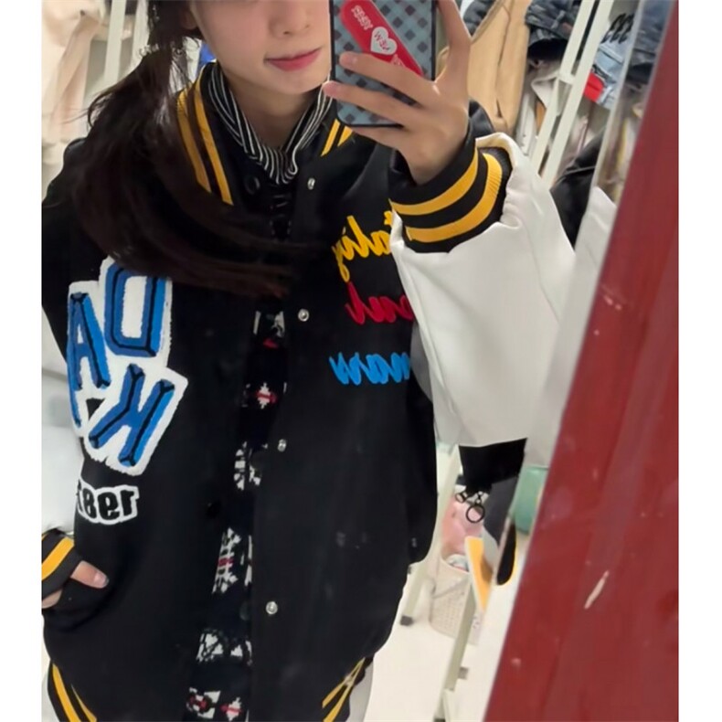 美式复古黑色刺绣棒球服外套男秋冬新款潮牌宽松PU皮拼接翻领夹克,男装夹克,星座601-1