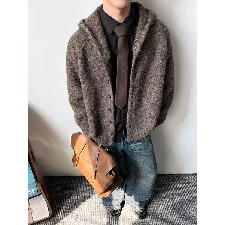 韩高级感灰色连帽毛衣男松弛慵懒风秋冬针织开衫外套潮,男装针织衫/毛衣,星座218-8