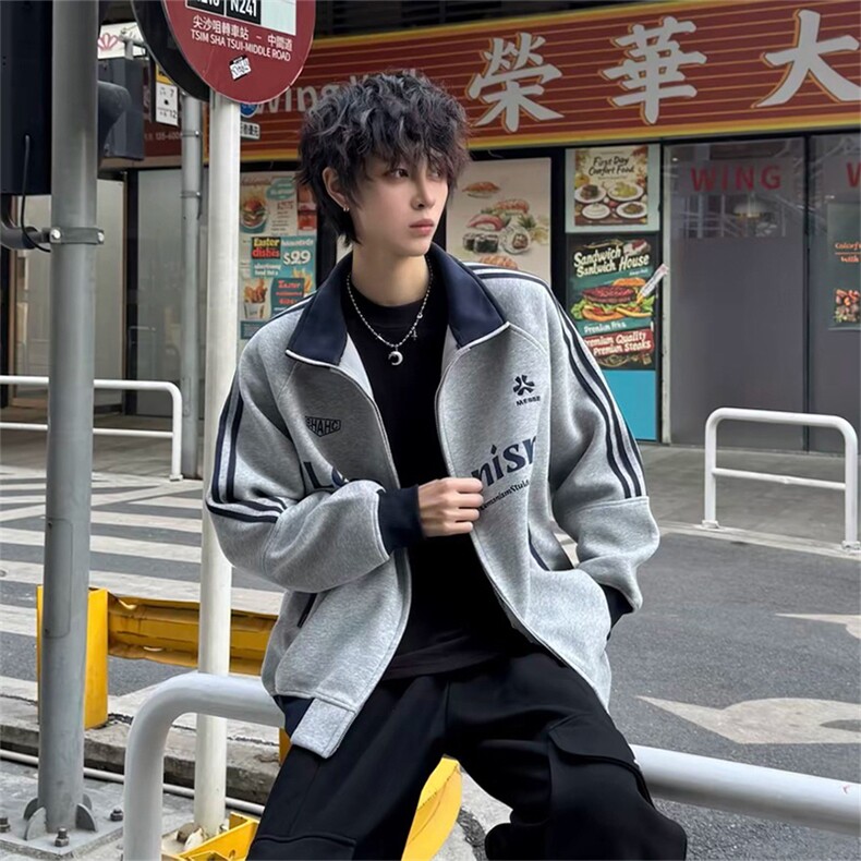 抖音得物美式高街重磅结构设计拼接织带立领印花卫衣外套ACM4202,女装短外套,电商A443