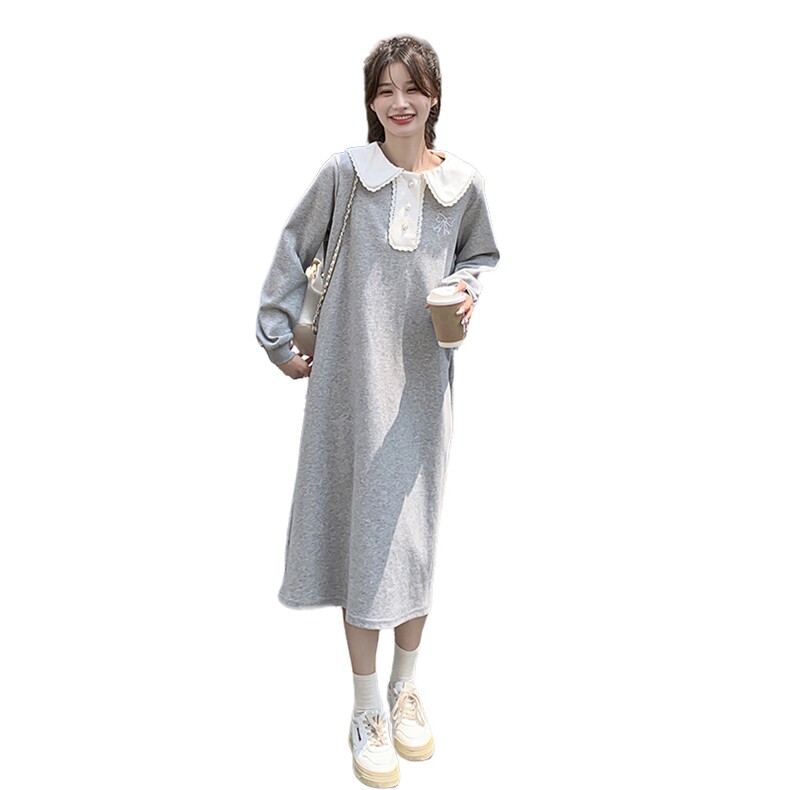 娃娃领刺绣小个子显高连衣裙2025新款女春秋松弛感直筒长袖卫衣裙,女装连衣裙,2C272