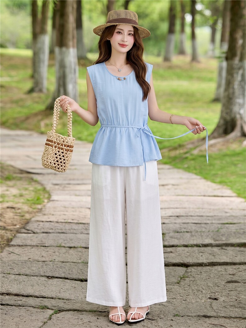 现货主推夏装女新款老钱风休闲减龄法式气质凉爽棉麻阔腿裤两件套,女装套装/套裙,韩美纤衣