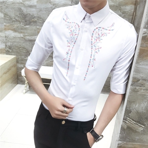 18夏男韩版修身衬衫发型师七分袖工作服刺绣个性中袖衬衫S03-P55图片