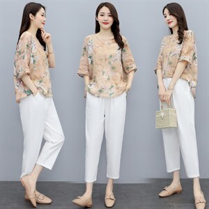2023夏装新款洋气休闲时尚大码上衣裤两件套宽松阔腿裤棉麻套装女图片