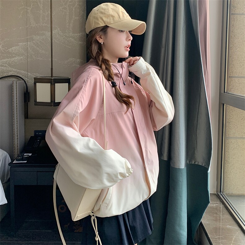 爆款粉色渐变冲锋衣外套女2025春秋新款韩版宽松休闲连帽户外上衣,女装短外套,2C269