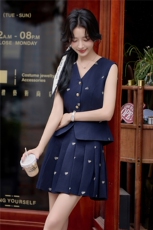 后背镂空蝴蝶结马甲百褶裙套装女2025夏季小香风背心短裙子两件套，女装套装/套裙，韩宇舍