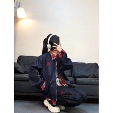 美式小众格子拼接假两件外套男女春季复古工装飞行员夹克棒球服潮，男装夹克，四季星座505