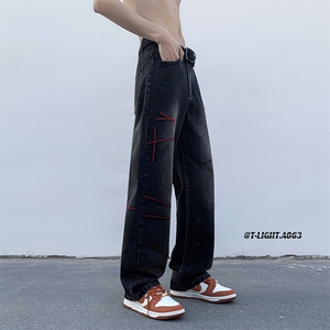 美式ins高街hiphop刺绣重工艺水洗直筒牛仔裤货号K689P55图片