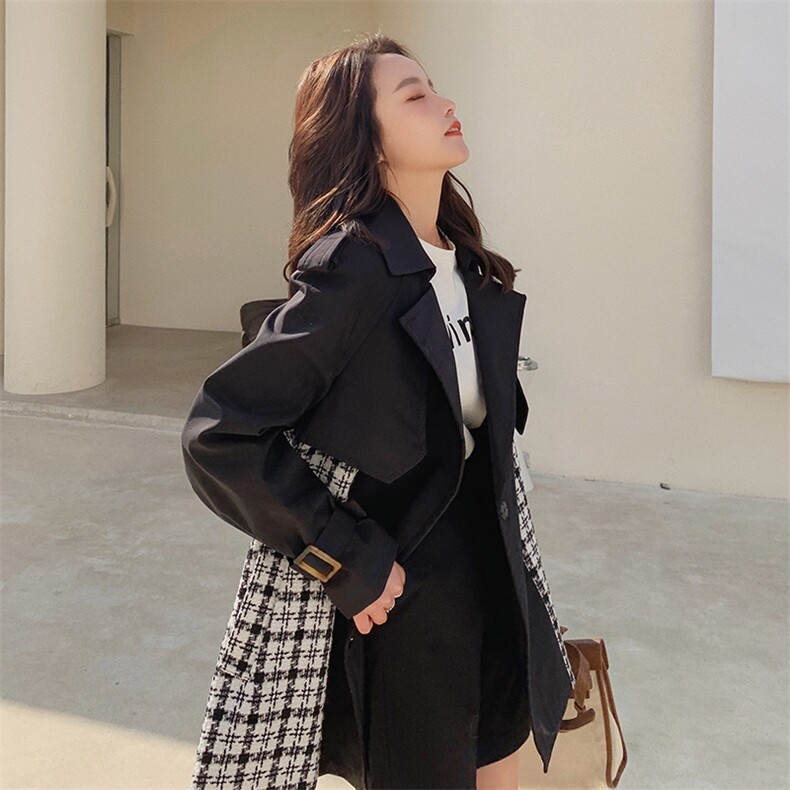 格子拼接黑色风衣外套女设计感高级春秋2025年新款爆款英伦风大衣,女装风衣,2C037